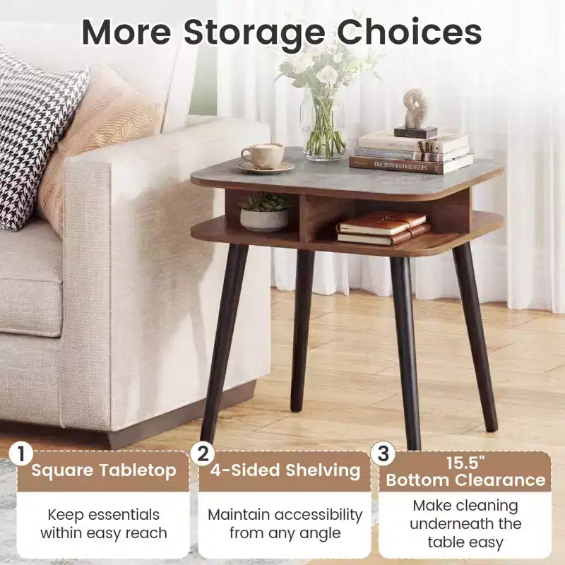 Table d'appoint Costway 1/2 pcs en faux marbre avec étagères de rangement et pieds en hévéa pour salon, gris, noyer et noir