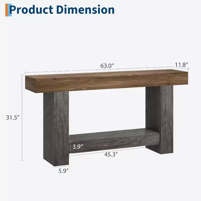 Table console d'entrée longue style ferme 63 po, table console 2 niveaux brun rustique et gris derrière le canapé avec rangement ouvert pour entrée, salon et couloir