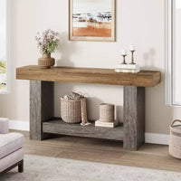 Table console d'entrée longue style ferme 63 po, table console 2 niveaux brun rustique et gris derrière le canapé avec rangement ouvert pour entrée, salon et couloir