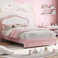 Lit plateforme double capitonné avec tête de lit LED et tiroir de rangement, rose/blanc, lattes en bois, sans sommier, silencieux, montage facile, pour enfants