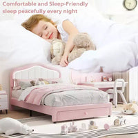 Lit plateforme double capitonné avec tête de lit LED et tiroir de rangement, rose/blanc, lattes en bois, sans sommier, silencieux, montage facile, pour enfants