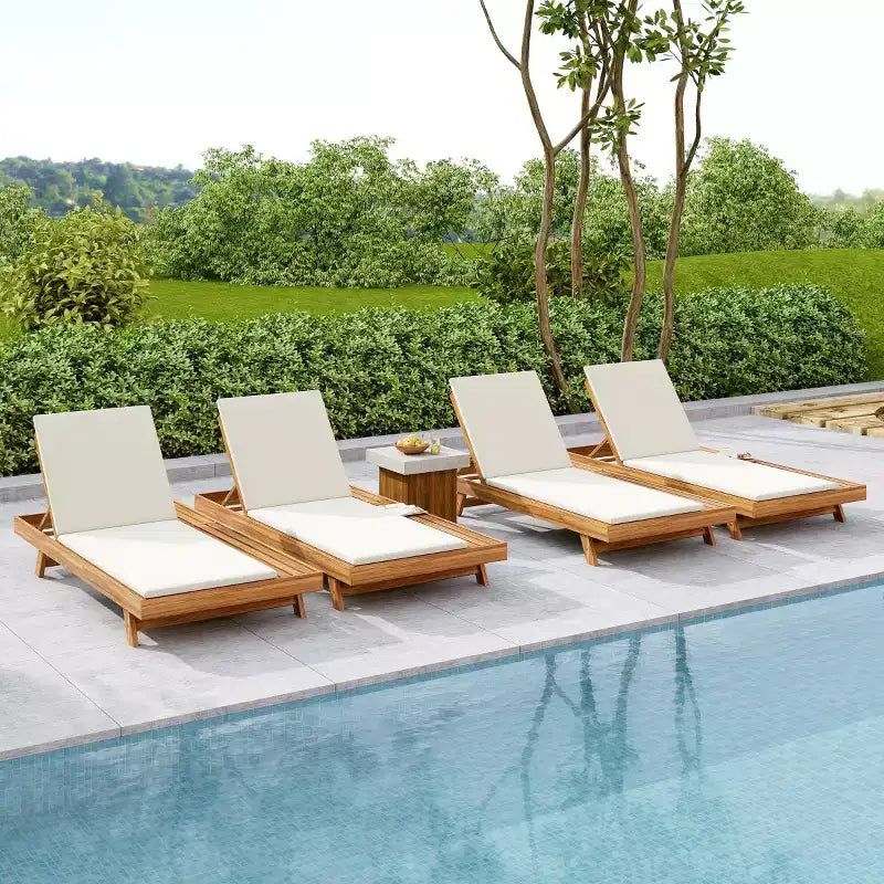 Chaise longue extérieure en bois d'acacia avec coussins, chaises longues inclinables de patio modernes avec espace latéral pour jardin et bord de piscine - Panipeachy