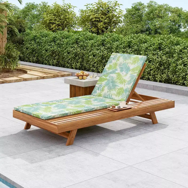 Chaise longue extérieure en bois d'acacia avec coussins, chaises longues inclinables de patio modernes avec espace latéral pour jardin et bord de piscine - Panipeachy