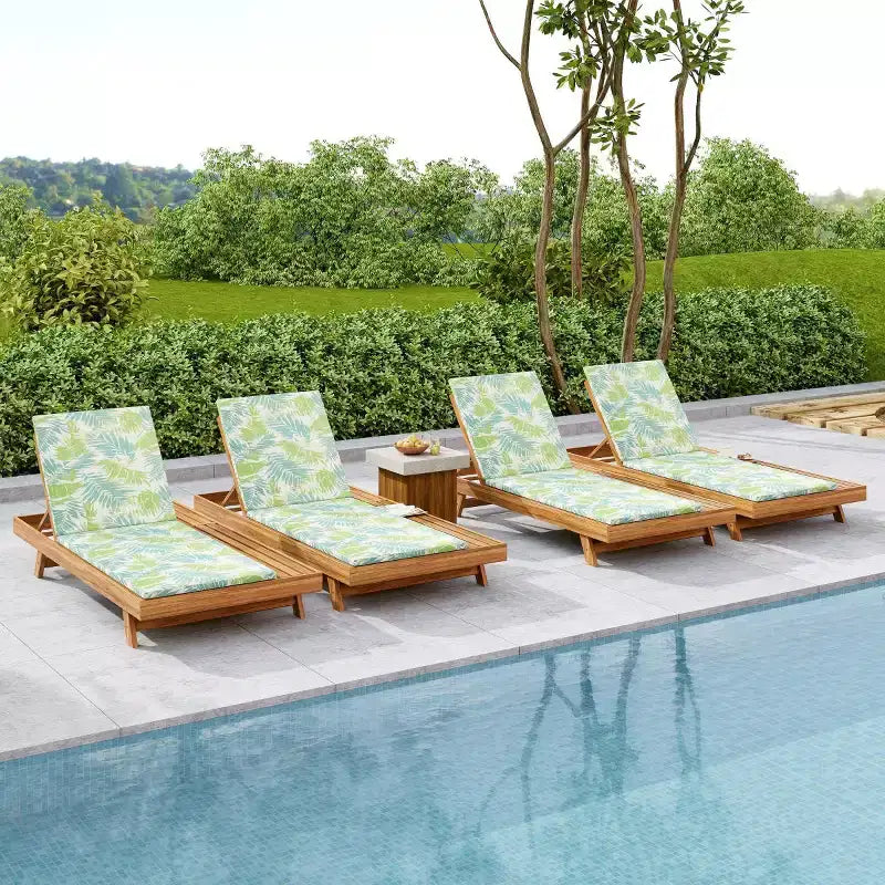 Chaise longue extérieure en bois d'acacia avec coussins, chaises longues inclinables de patio modernes avec espace latéral pour jardin et bord de piscine - Panipeachy