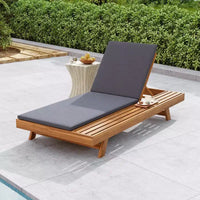 Chaise longue extérieure en bois d'acacia avec coussins, chaises longues inclinables de patio modernes avec espace latéral pour jardin et bord de piscine - Panipeachy