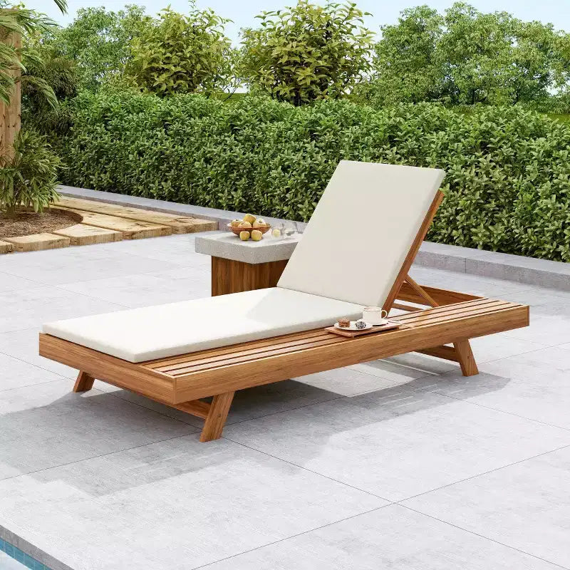 Chaise longue extérieure en bois d'acacia avec coussins, chaises longues inclinables de patio modernes avec espace latéral pour jardin et bord de piscine - Panipeachy