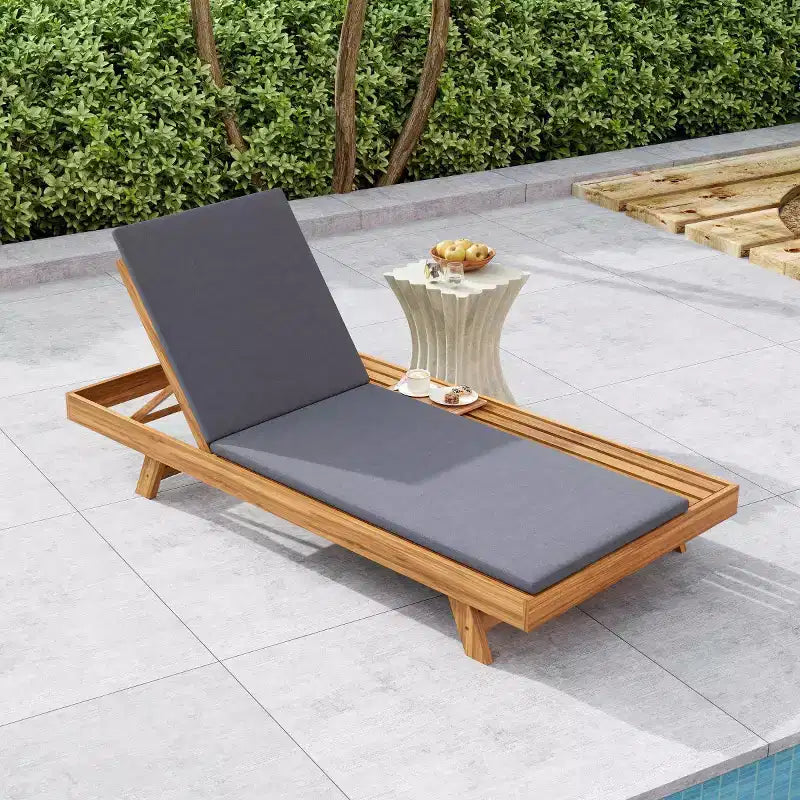 Outdoor Acacia Wood Chaise Lounge with Cushions, Modern Patio Reclining Lounge Chairs with Side Space Design for Backyard, Poolside-Panipeachy