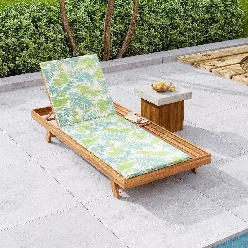 Chaise longue extérieure en bois d'acacia avec coussins, chaises longues inclinables de patio modernes avec espace latéral pour jardin et bord de piscine - Panipeachy