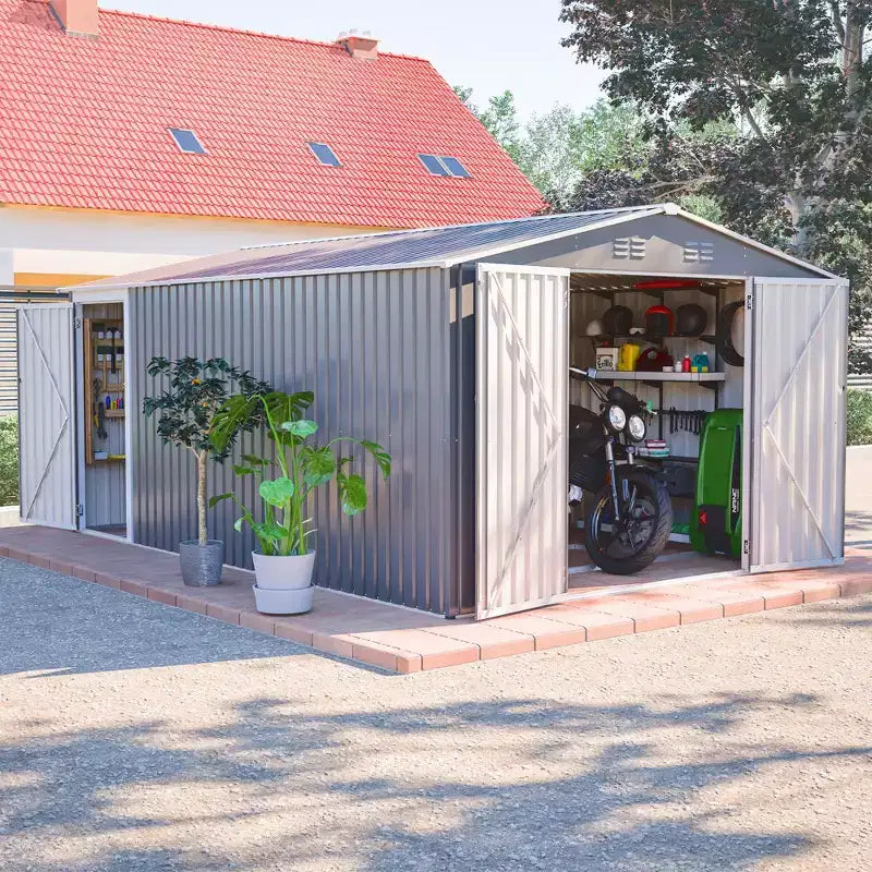 Abri de jardin en métal de 3 x 4,2 m, grand abri de jardin pour outils avec 3 portes verrouillables et porte latérale, 4 bouches d'aération