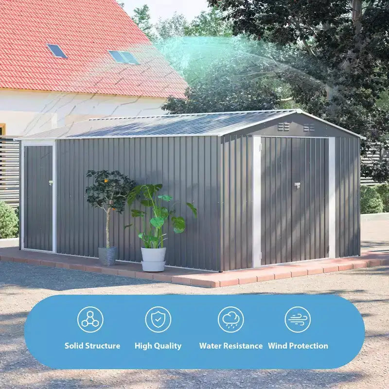 Abri de jardin en métal de 3 x 4,2 m, grand abri de jardin pour outils avec 3 portes verrouillables et porte latérale, 4 bouches d'aération