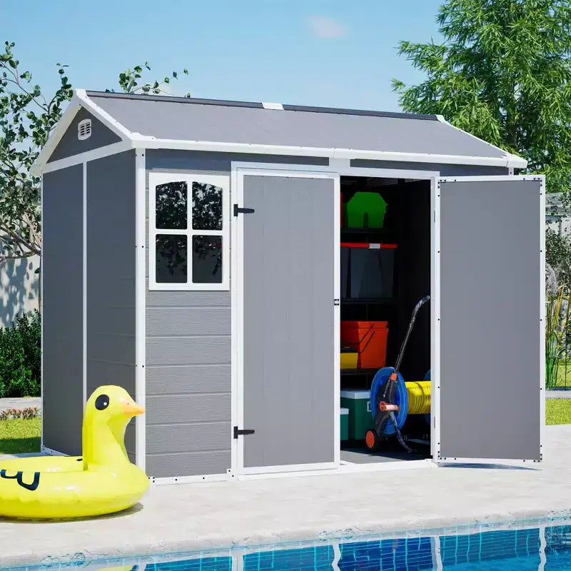 Abri de jardin en plastique 8 x 6 pieds, cabane de rangement verrouillable pour outils de jardin et poubelles, organisateur extérieur toutes saisons