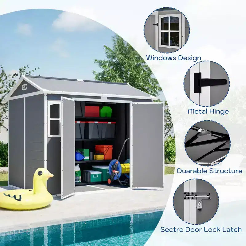 Abri de jardin en plastique 8 x 6 pieds, cabane de rangement verrouillable pour outils de jardin et poubelles, organisateur extérieur toutes saisons