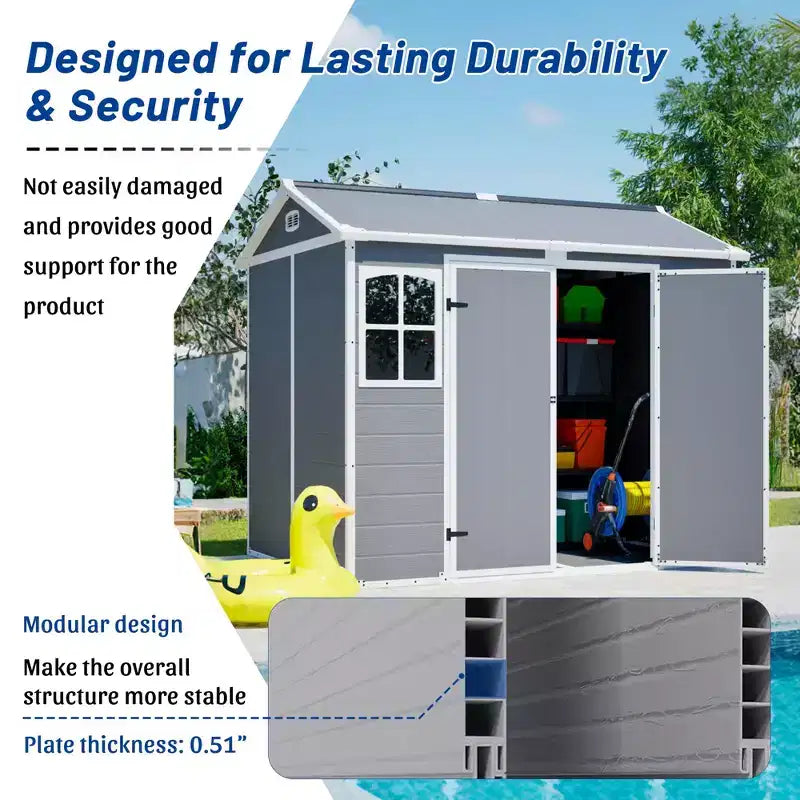 Abri de jardin en plastique 8 x 6 pieds, cabane de rangement verrouillable pour outils de jardin et poubelles, organisateur extérieur toutes saisons