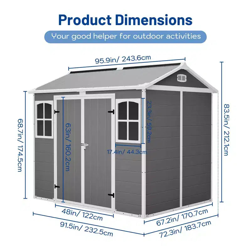 Abri de jardin en plastique 8 x 6 pieds, cabane de rangement verrouillable pour outils de jardin et poubelles, organisateur extérieur toutes saisons