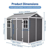 Abri de jardin en plastique 8 x 6 pieds, cabane de rangement verrouillable pour outils de jardin et poubelles, organisateur extérieur toutes saisons