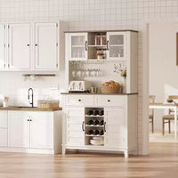 Bahut de Rangement Polyvalent Style Campagne, 2 Portes Vitrées, 2 Tiroirs avec Porte-Verres, Parfait pour la Cuisine, la Salle à Manger et le Salon