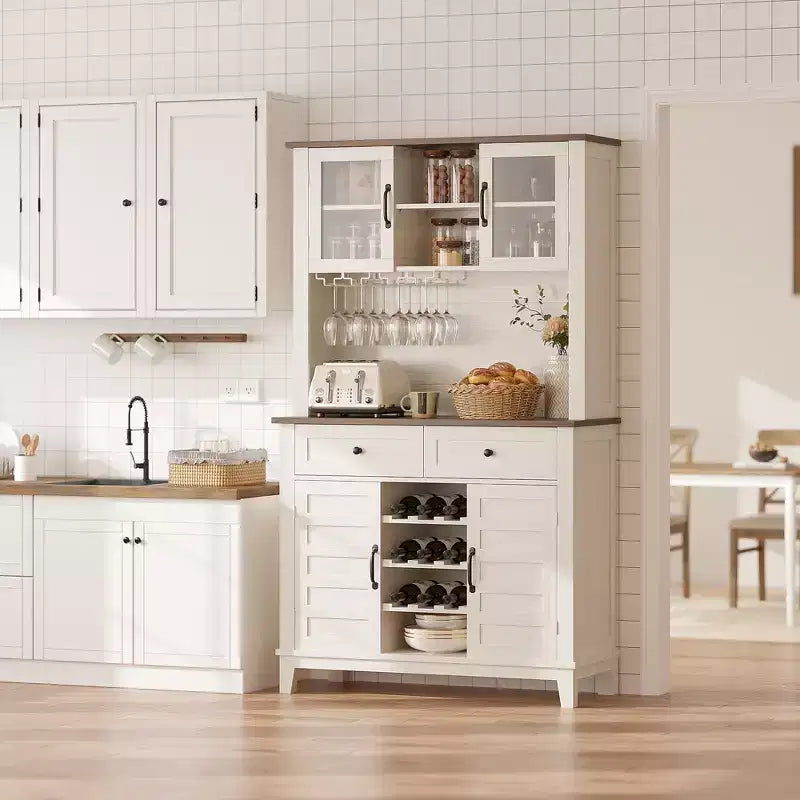Bahut de Rangement Polyvalent Style Campagne, 2 Portes Vitrées, 2 Tiroirs avec Porte-Verres, Parfait pour la Cuisine, la Salle à Manger et le Salon