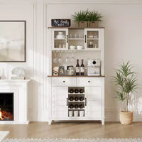 Bahut de Rangement Polyvalent Style Campagne, 2 Portes Vitrées, 2 Tiroirs avec Porte-Verres, Parfait pour la Cuisine, la Salle à Manger et le Salon