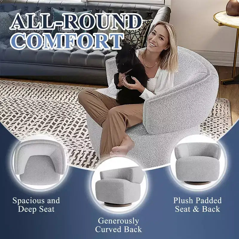 Fauteuil tonneau pivotant avec cadre en bois massif, fauteuil d'appoint rond rembourré pour petits espaces