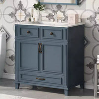 JVNOXK 30 Meuble-lavabo de salle de bain rétro autoportant avec évier en céramique, armoire de rangement en bois massif bleu avec portes à fermeture douce pour salle d'eau