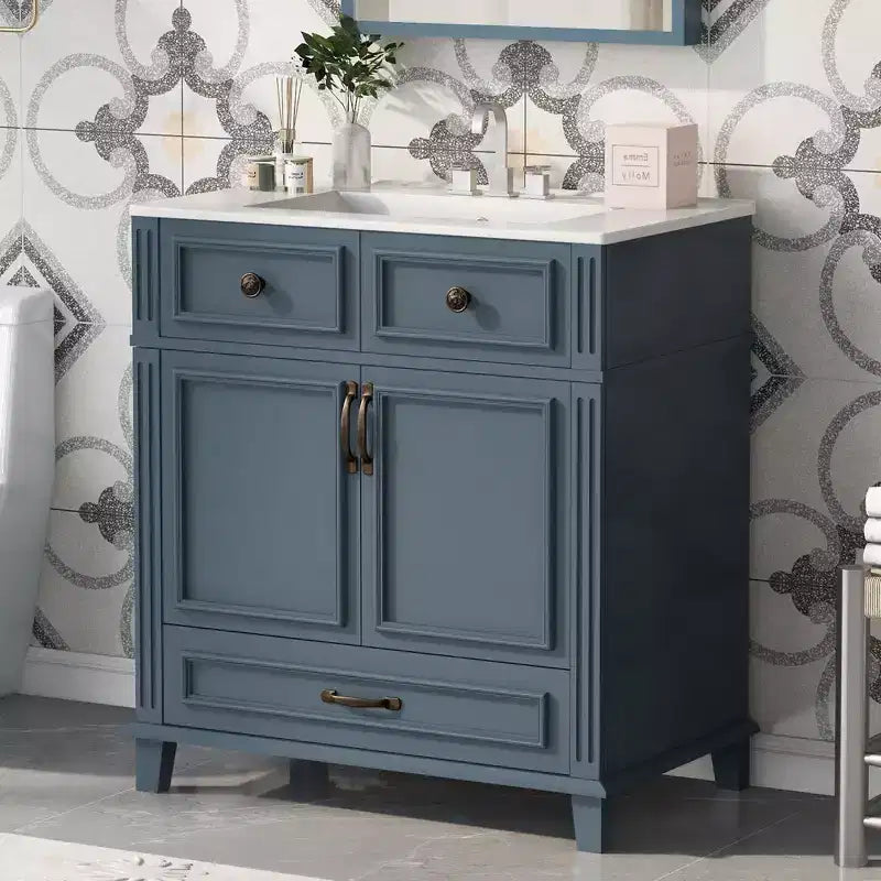 JVNOXK 30 Meuble-lavabo de salle de bain rétro autoportant avec évier en céramique, armoire de rangement en bois massif bleu avec portes à fermeture douce pour salle d'eau