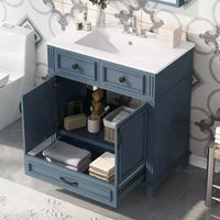 JVNOXK 30 Meuble-lavabo de salle de bain rétro autoportant avec évier en céramique, armoire de rangement en bois massif bleu avec portes à fermeture douce pour salle d'eau