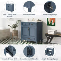 JVNOXK 30 Meuble-lavabo de salle de bain rétro autoportant avec évier en céramique, armoire de rangement en bois massif bleu avec portes à fermeture douce pour salle d'eau