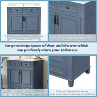 JVNOXK 30 Meuble-lavabo de salle de bain rétro autoportant avec évier en céramique, armoire de rangement en bois massif bleu avec portes à fermeture douce pour salle d'eau