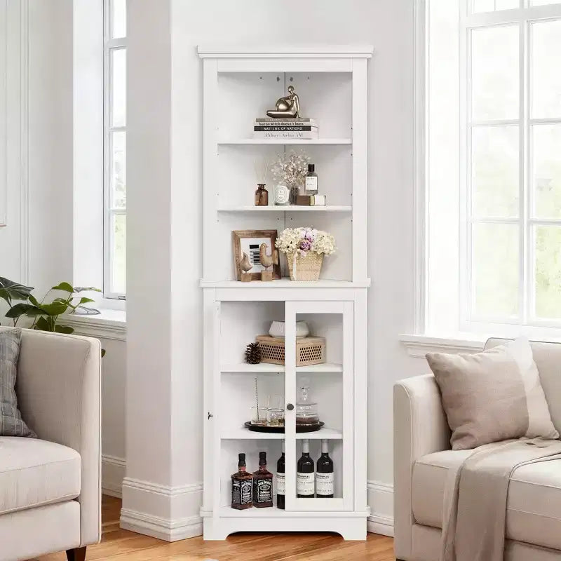 Armoire d'angle autoportante avec portes vitrées - haute bibliothèque - étagères réglables - rangement moderne gain de place