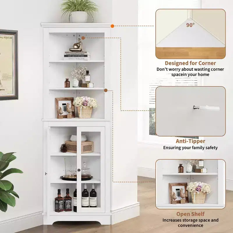 Armoire d'angle autoportante avec portes vitrées - haute bibliothèque - étagères réglables - rangement moderne gain de place