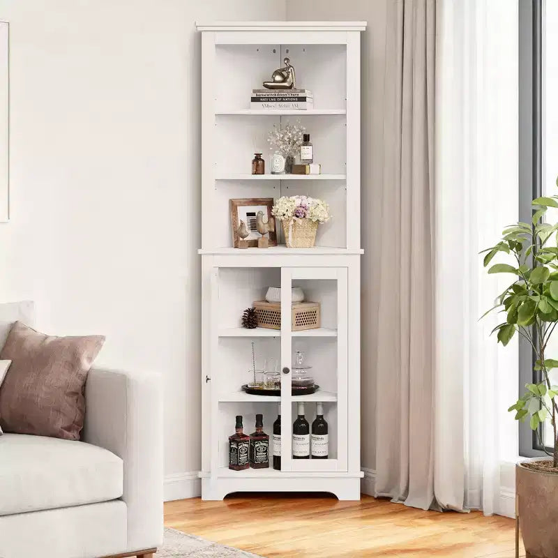 Armoire d'angle autoportante avec portes vitrées - haute bibliothèque - étagères réglables - rangement moderne gain de place