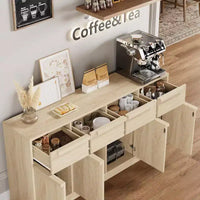 62.4 Armoire de buffet, grande armoire à café avec 4 portes et 4 tiroirs, armoire de rangement moderne avec étagères réglables, station de café en bois