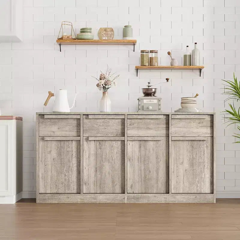 62.4 Armoire de buffet, grande armoire à café avec 4 portes et 4 tiroirs, armoire de rangement moderne avec étagères réglables, station de café en bois