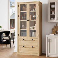Vaisselier de cuisine de ferme avec portes vitrées, Armoire de rangement de 183 cm avec tiroirs et étagères réglables pour salle à manger, salle de bain, salon