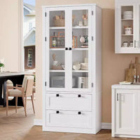 Vaisselier de cuisine de ferme avec portes vitrées, Armoire de rangement de 183 cm avec tiroirs et étagères réglables pour salle à manger, salle de bain, salon