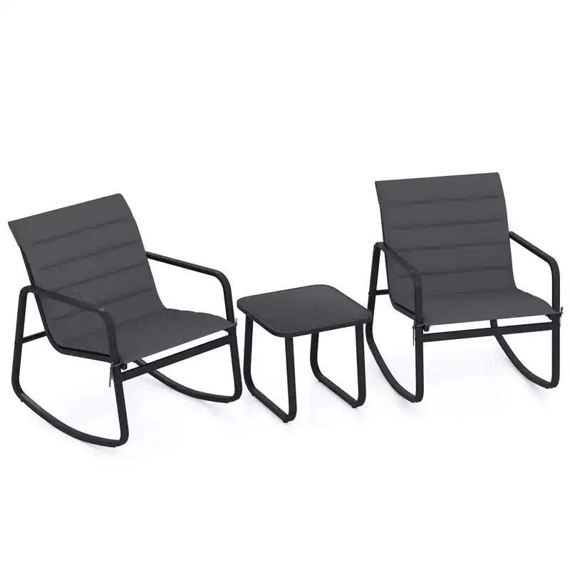 Gymax Ensemble de Bistro à Bascule d'Extérieur 3 Pièces avec Table en Verre Trempé et Coussins Moelleux pour Jardin
