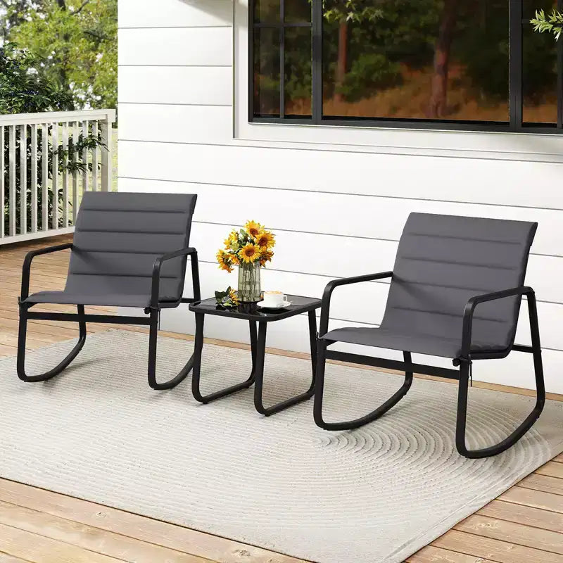 Gymax Ensemble de Bistro à Bascule d'Extérieur 3 Pièces avec Table en Verre Trempé et Coussins Moelleux pour Jardin