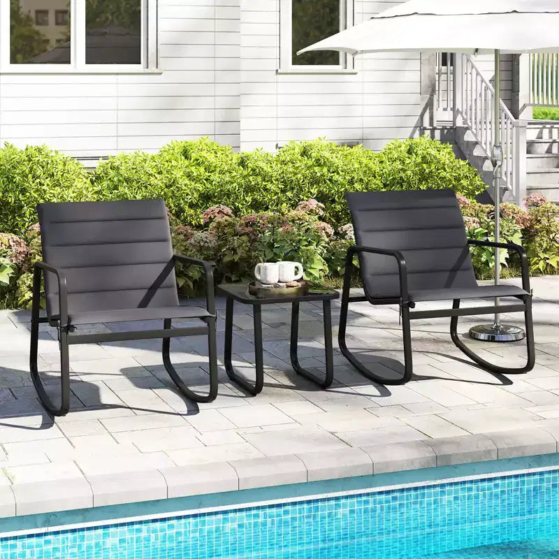 Gymax Ensemble de Bistro à Bascule d'Extérieur 3 Pièces avec Table en Verre Trempé et Coussins Moelleux pour Jardin