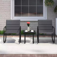 Gymax Ensemble de Bistro à Bascule d'Extérieur 3 Pièces avec Table en Verre Trempé et Coussins Moelleux pour Jardin