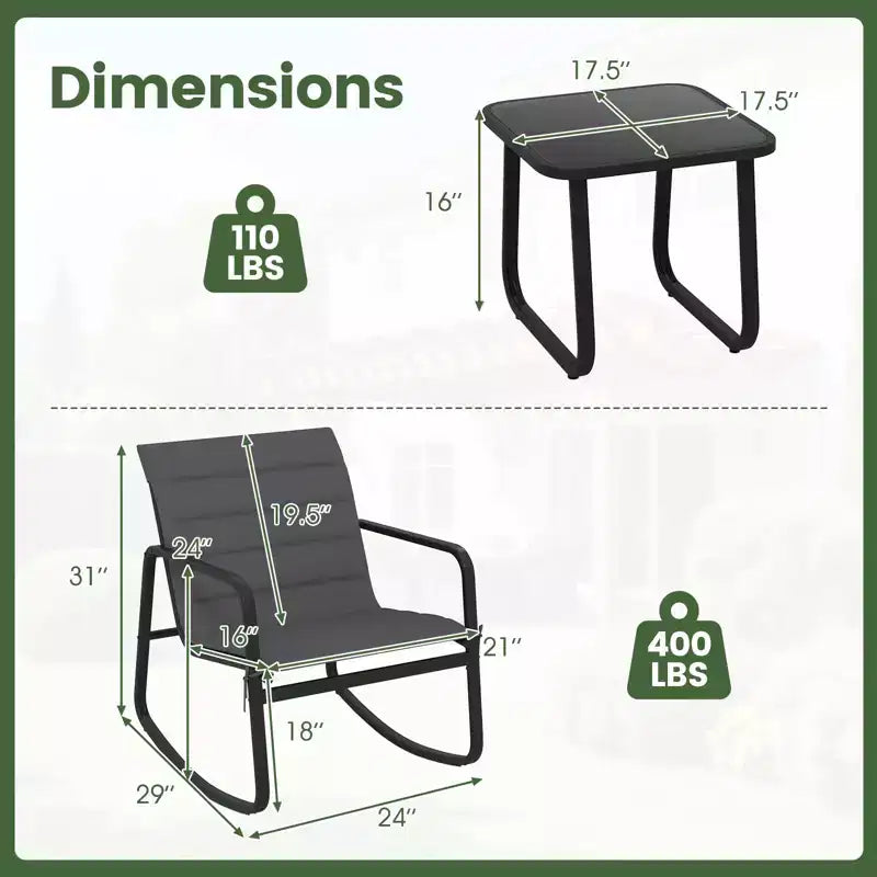 Gymax Ensemble de Bistro à Bascule d'Extérieur 3 Pièces avec Table en Verre Trempé et Coussins Moelleux pour Jardin