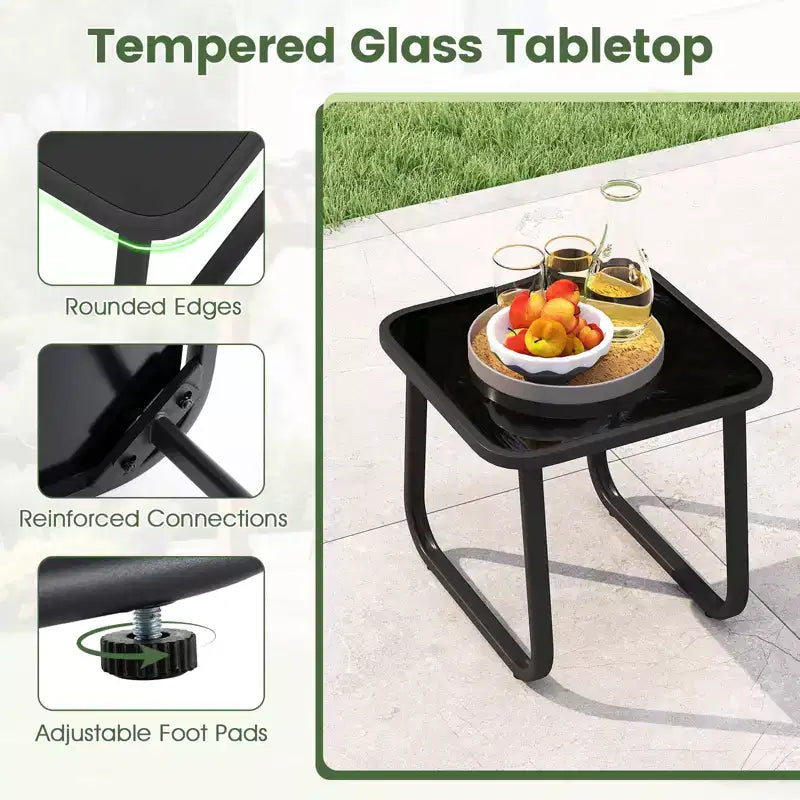 Gymax Ensemble de Bistro à Bascule d'Extérieur 3 Pièces avec Table en Verre Trempé et Coussins Moelleux pour Jardin