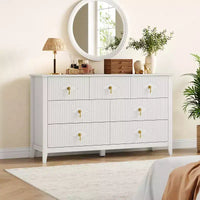 Commode flûtée moderne de 54 po de large, 7 tiroirs, en bois avec poignée en métal, organisateur de rangement pour chambre, salon et couloir