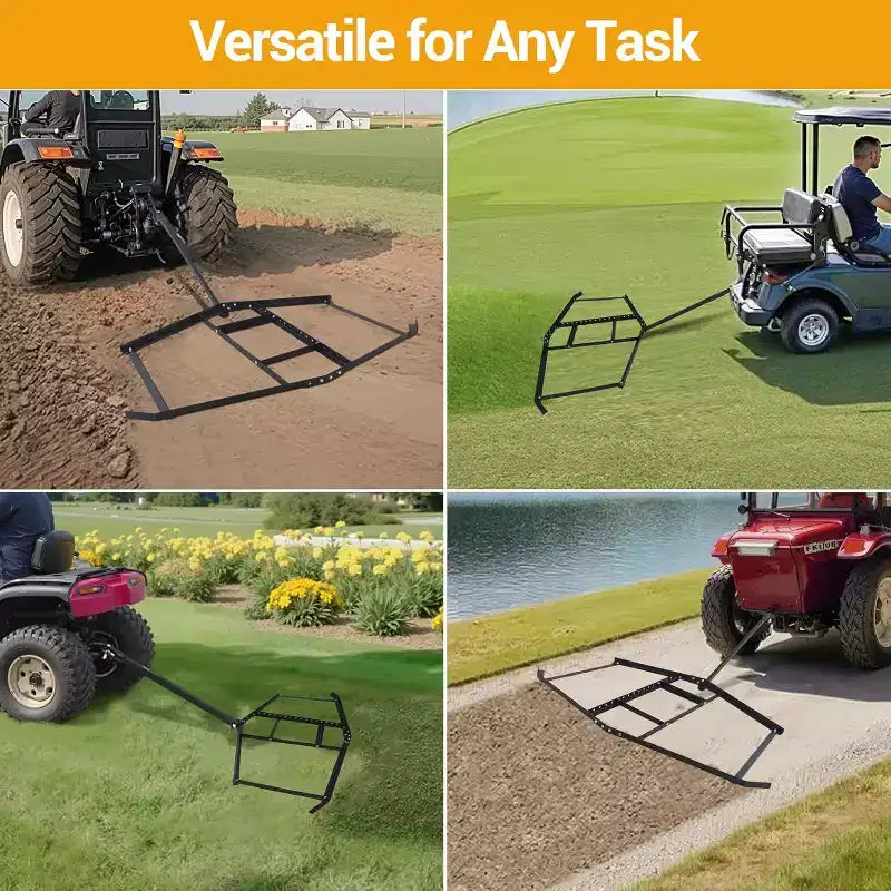 Herse de décompactage robuste en acier pour allée, 66 pouces de largeur, barres réglables et attelage à goupille, supporte jusqu'à 22,7 kg, pour VTT/UTV/tracteur de pelouse