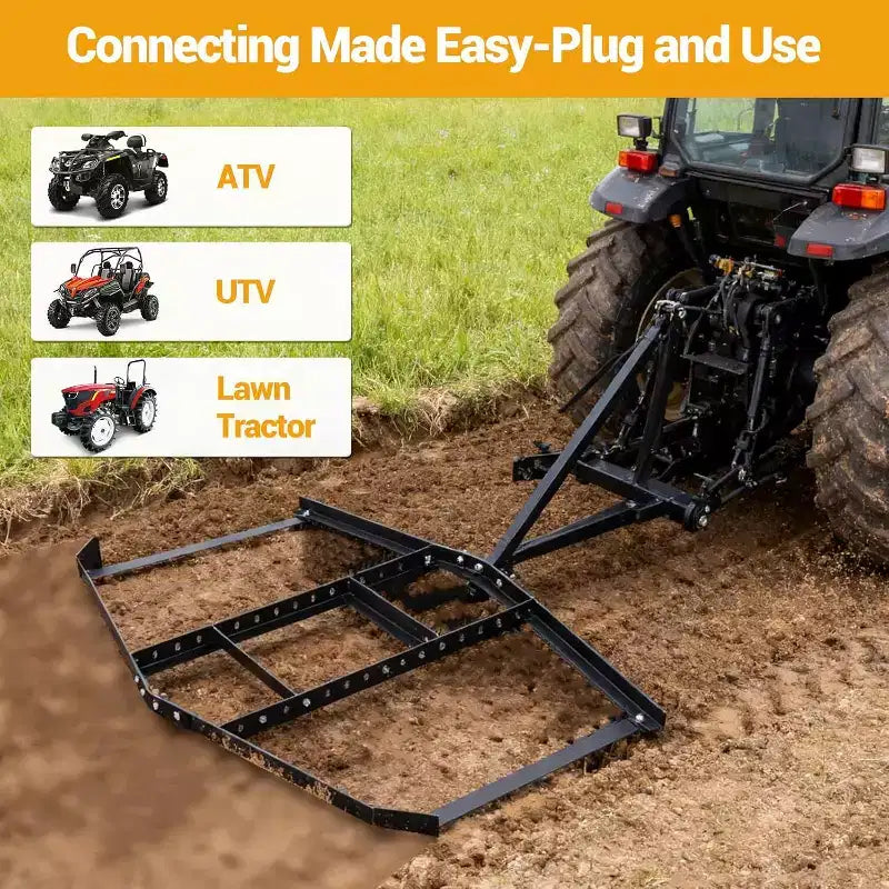 Herse de décompactage robuste en acier pour allée, 66 pouces de largeur, barres réglables et attelage à goupille, supporte jusqu'à 22,7 kg, pour VTT/UTV/tracteur de pelouse