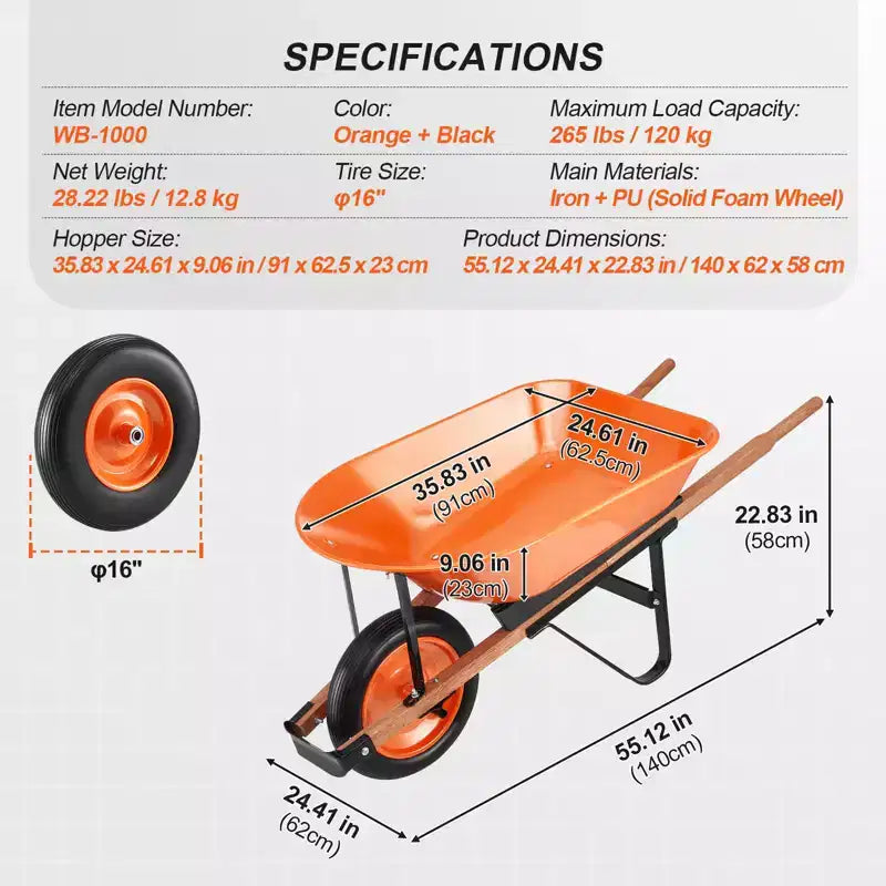 Brouette-chariot 5 pi³ avec capacité 265 lb, conception à une roue, roues à voie large 16 pour pelouse et ferme