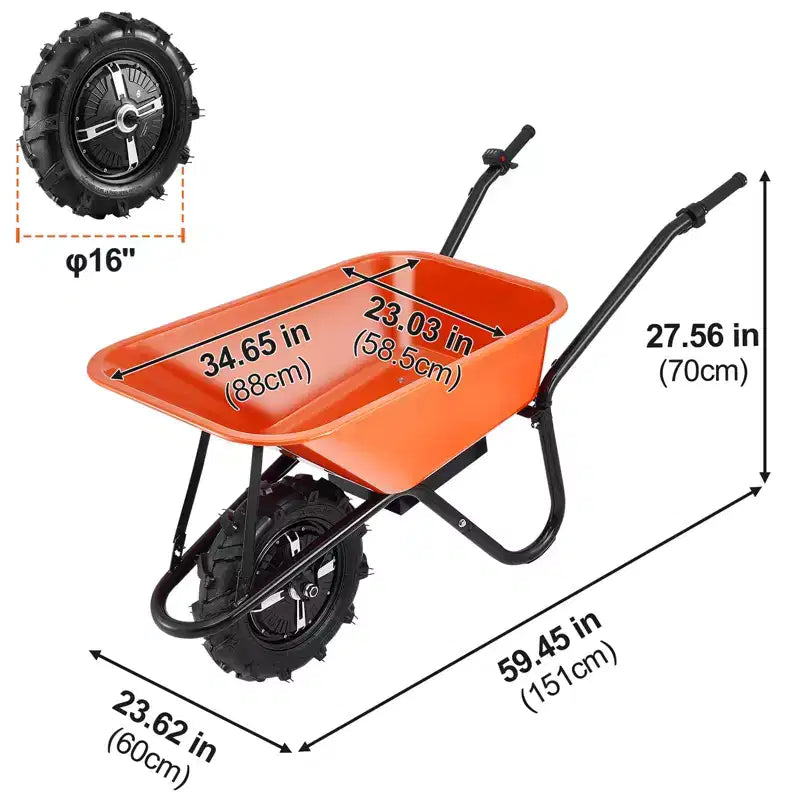 Chariot de brouette électrique, motorisé 500 W, capacité de charge de 113 litres, capacité de 150 kg, avec poignée en métal et 16 roues pour pelouse et ferme