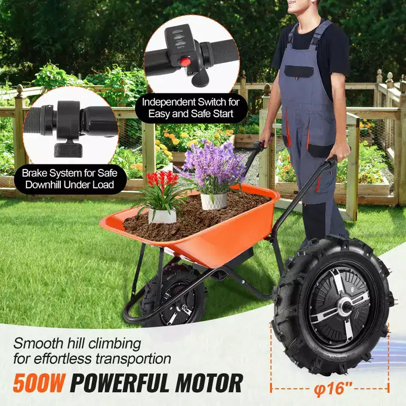 Brouette electrique, 500W, capacite de charge 4 pi³, capacite 330 lb, avec poignee metallique et roues à chenilles 16 pour pelouse et ferme