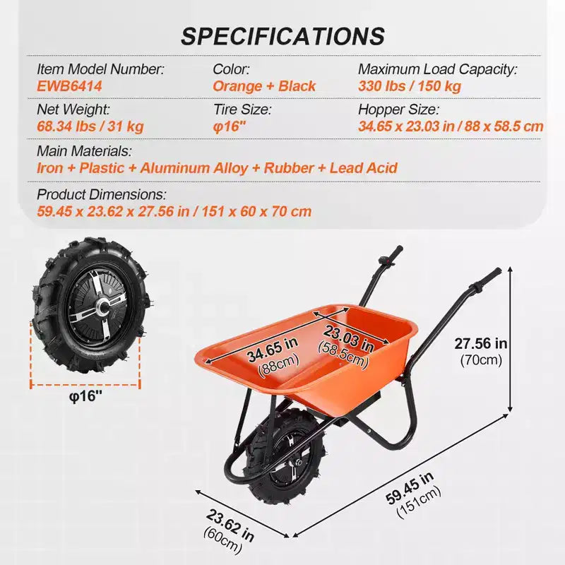 Chariot de brouette électrique, motorisé 500 W, capacité de charge de 113 litres, capacité de 150 kg, avec poignée en métal et 16 roues pour pelouse et ferme