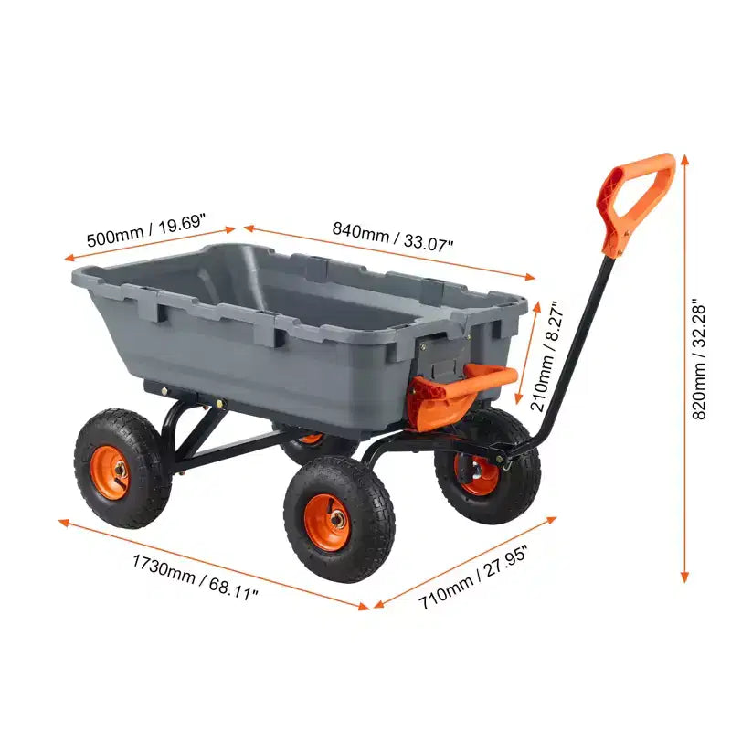 Chariot à benne de jardin en poly avec cadre en acier facile à assembler, poignee convertible 2-en-1, capacite 800 lb, pneus 10 pouces