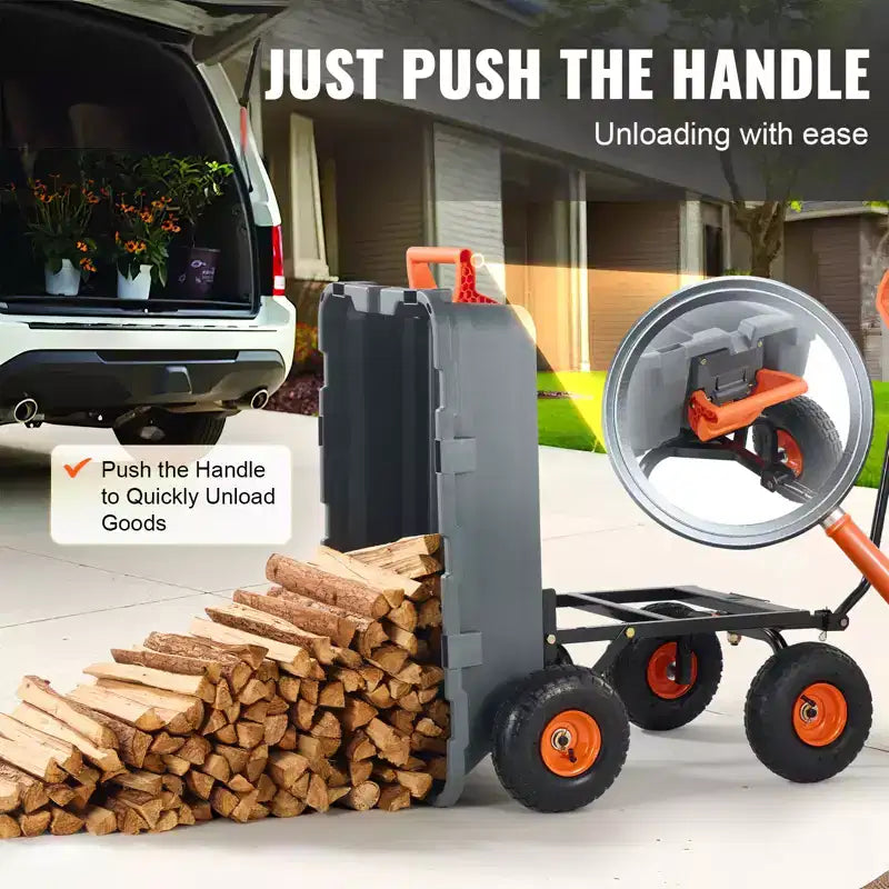 Chariot à benne de jardin en poly avec cadre en acier facile à assembler, poignee convertible 2-en-1, capacite 800 lb, pneus 10 pouces